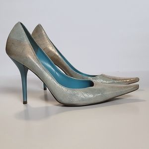 BCBGirls pointy toe stilettos, metallic blue, snake pattern size 7 1/2
